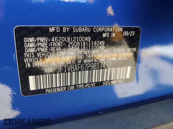 2023 Subaru WRX Premium with VIN JF1VBAF67P9817432, listed as a Copart auction lot 67545365 with 26,574 mi miles and Salvage title. Bid and sale history available at DreamBid. Image 12.