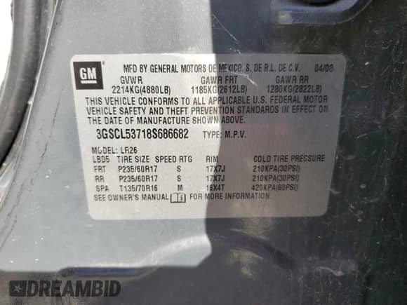 2008 Saturn VUE XR with VIN 3GSCL53718S686682, listed as a Copart auction lot 73206384 with Not provided miles and Clean title. Bid and sale history available at DreamBid. Image 13.