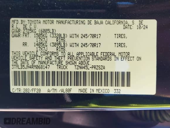 2024 Toyota Tacoma SR5 with VIN 3TMLB5JN4RM068147, listed as a IAAI auction lot 43177753 with 15,469 mi miles and . Bid and sale history available at DreamBid. Image 9.