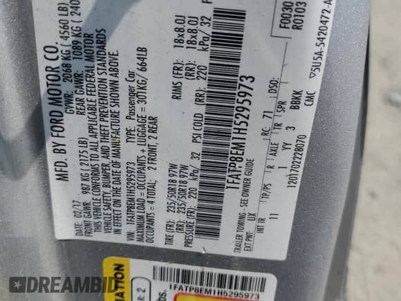 2017 Ford Mustang V6 с VIN 1FATP8EM1H5295973, выставлен на аукционе Copart как лот 59615815 с пробегом 83 940 миль миль и Списание • Salvage title. История ставок и продаж доступна на DreamBid. Изображение 13.