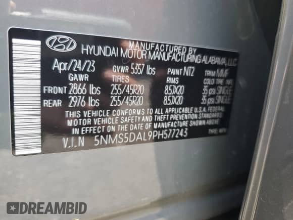 2023 Hyundai Santa Fe Calligraphy с VIN 5NMS5DAL9PH577243, выставлен на аукционе Copart как лот 66614715 с пробегом 20 737 миль миль и Списание • Salvage title. История ставок и продаж доступна на DreamBid. Изображение 14.