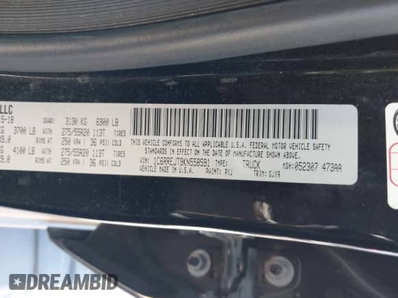 2019 Ram 1500 Laramie with VIN 1C6RREJT9KN558591, listed as a IAAI auction lot 41988500 with 174,172 mi miles and . Bid and sale history available at DreamBid. Image 9.