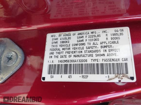 2006 Honda Accord LX SE with VIN 1HGCM56366A132006, listed as a IAAI auction lot 43395906 with 226,309 mi miles and . Bid and sale history available at DreamBid. Image 9.
