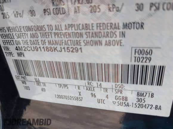2008 Mercury Mariner with VIN 4M2CU91188KJ15291, listed as a IAAI auction lot 42378294 with 160,223 mi miles and . Bid and sale history available at DreamBid. Image 9.