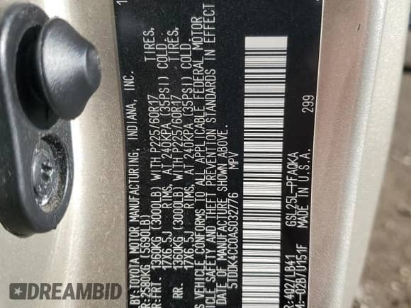 2010 Toyota Sienna XLE с VIN 5TDDK4CC0AS032776, выставлен на аукционе Copart как лот 70566325 с пробегом 174 831 миль миль и Чистый • Clean title. История ставок и продаж доступна на DreamBid. Изображение 13.