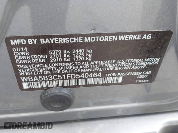 2015 BMW 5 Series 535i xDrive with VIN WBA5B3C51FD540464, listed as a IAAI auction lot 42644013 with 115,383 mi miles and . Bid and sale history available at DreamBid. Image 9.