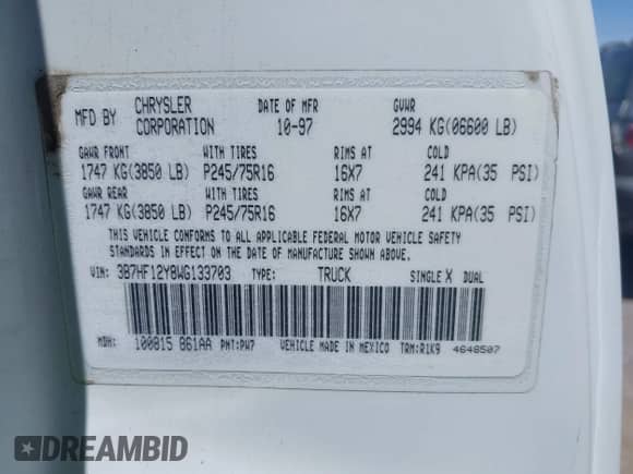 1998 Dodge 1500 с VIN 3B7HF12Y8WG133703, выставлен на аукционе IAAI как лот 42488514 с пробегом 139 410 миль миль и . История ставок и продаж доступна на DreamBid. Изображение 9.