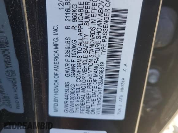 2018 Honda Accord Sport z VIN 1HGCV1F32JA068819, wystawiony jako Copart lot #84974925 z przebiegiem 101 989 mil mil oraz Szkoda całkowita • Salvage title. Historia ofert i sprzedaży dostępna na DreamBid. Obrazek 12.