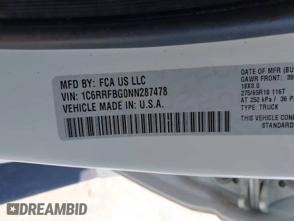 2022 Ram 1500 Big Horn with VIN 1C6RRFBG0NN287478, listed as a IAAI auction lot 42247112 with 43,275 mi miles and . Bid and sale history available at DreamBid. Image 9.