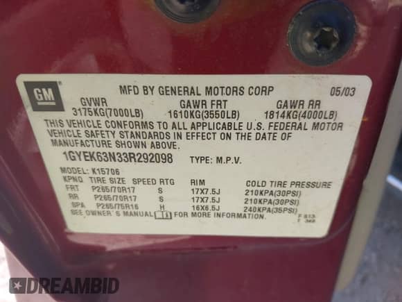 2003 Cadillac Escalade with VIN 1GYEK63N33R292098, listed as a IAAI auction lot 43420909 with 213,439 mi miles and . Bid and sale history available at DreamBid. Image 9.