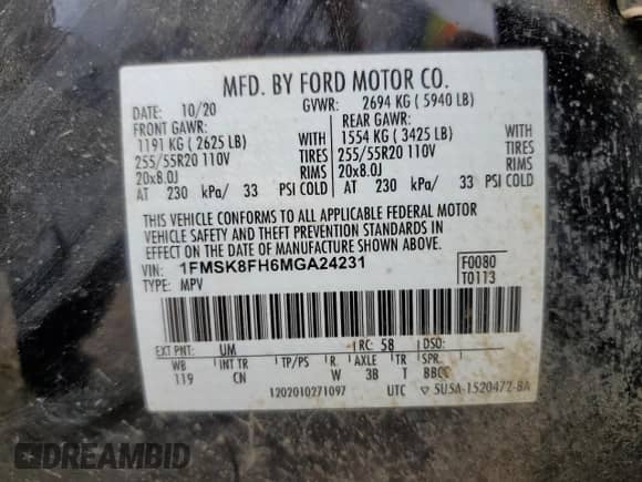 2021 Ford Explorer Limited z VIN 1FMSK8FH6MGA24231, wystawiony jako Copart lot #80537455 z przebiegiem 102 996 mil mil oraz Szkoda całkowita • Salvage title. Historia ofert i sprzedaży dostępna na DreamBid. Obrazek 12.