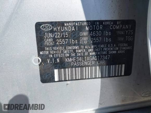2016 Hyundai Sonata Limited with VIN KMHE34L1XGA017347, listed as a IAAI auction lot 43192771 with 74,523 mi miles and . Bid and sale history available at DreamBid. Image 9.