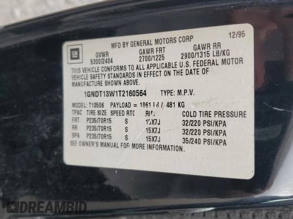 1996 Chevrolet Blazer with VIN 1GNDT13W1T2160564, listed as a Copart auction lot 65175335 with 157,949 mi miles and Non repairable. Bid and sale history available at DreamBid. Image 12.