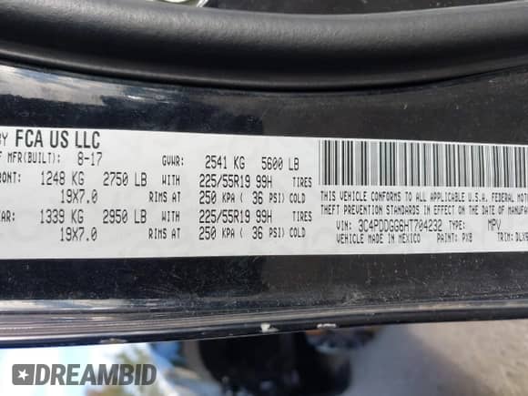 2017 Dodge Journey Crossroad Plus with VIN 3C4PDDGG6HT704232, listed as a IAAI auction lot 43154145 with 145,981 mi miles and . Bid and sale history available at DreamBid. Image 9.