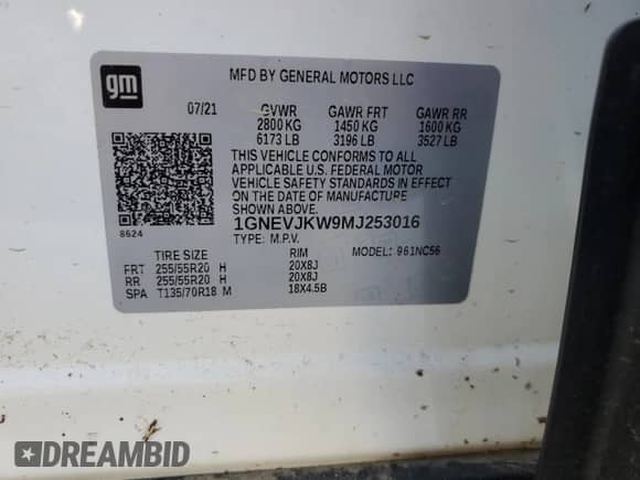 2021 Chevrolet Traverse RS z VIN 1GNEVJKW9MJ253016, wystawiony jako Copart lot #45899815 z przebiegiem Nie podano mil oraz Szkoda całkowita • Salvage title. Historia ofert i sprzedaży dostępna na DreamBid. Obrazek 14.