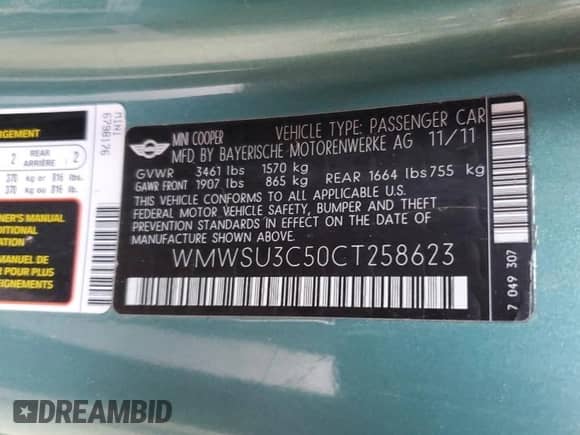 2012 MINI Hardtop с VIN WMWSU3C50CT258623, выставлен на аукционе Copart как лот 64395745 с пробегом 98 172 миль миль и Списание • Salvage title. История ставок и продаж доступна на DreamBid. Изображение 12.