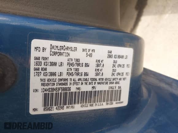 2003 Dodge Durango Sport with VIN 1D4HS38N53F588836, listed as a IAAI auction lot 42554650 with 116,118 mi miles and . Bid and sale history available at DreamBid. Image 9.