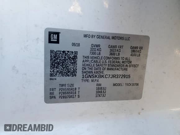 2018 Chevrolet Tahoe LT z VIN 1GNSKBKC7JR372915, wystawiony jako Copart lot #84171665 z przebiegiem 103 851 mil mil oraz Szkoda całkowita • Salvage title. Historia ofert i sprzedaży dostępna na DreamBid. Obrazek 14.