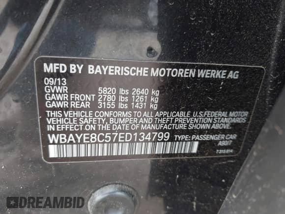 2014 BMW 7 Series ALPINA B7 with VIN WBAYE8C57ED134799, listed as a IAAI auction lot 41891633 with 96,411 mi miles and . Bid and sale history available at DreamBid. Image 9.