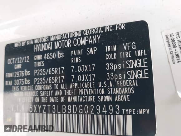 2013 Hyundai Santa Fe Sport with VIN 5XYZT3LB9DG029493, listed as a IAAI auction lot 42225701 with 136,049 mi miles and . Bid and sale history available at DreamBid. Image 9.