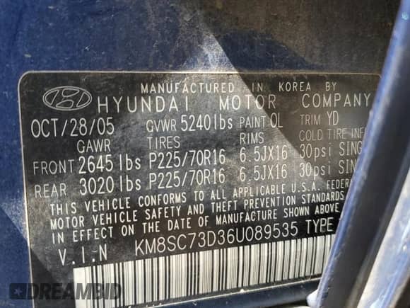 2006 Hyundai Santa Fe GLS с VIN KM8SC73D36U089535, выставлен на аукционе Copart как лот 47347174 с пробегом 71 203 миль миль и Списание • Salvage title. История ставок и продаж доступна на DreamBid. Изображение 12.