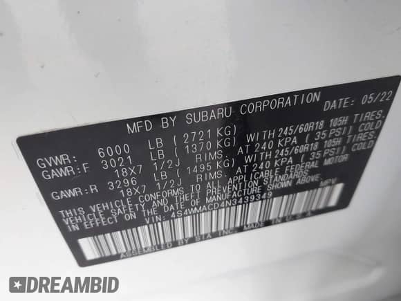 2022 Subaru Ascent Premium с VIN 4S4WMACD4N3439349, выставлен на аукционе IAAI как лот 42725380 с пробегом 87 967 миль миль и . История ставок и продаж доступна на DreamBid. Изображение 9.