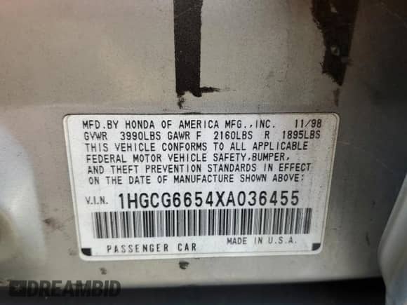 1999 Honda Accord LX with VIN 1HGCG6654XA036455, listed as a Copart auction lot 80218785 with 172,054 mi miles and Salvage title. Bid and sale history available at DreamBid. Image 12.