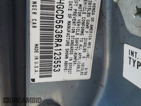 1994 Honda Accord LX z VIN 1HGCD5636RA123553, wystawiony jako Copart lot #50878795 z przebiegiem 155 804 mil mil oraz Szkoda całkowita • Salvage title. Historia ofert i sprzedaży dostępna na DreamBid. Obrazek 13.