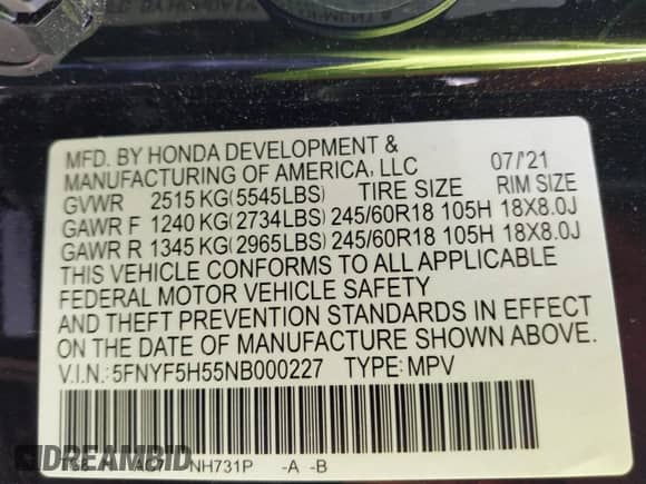 2022 Honda Pilot EX-L z VIN 5FNYF5H55NB000227, wystawiony jako IAAI lot #42387842 z przebiegiem 33 028 mil mil oraz . Historia ofert i sprzedaży dostępna na DreamBid. Obrazek 9.