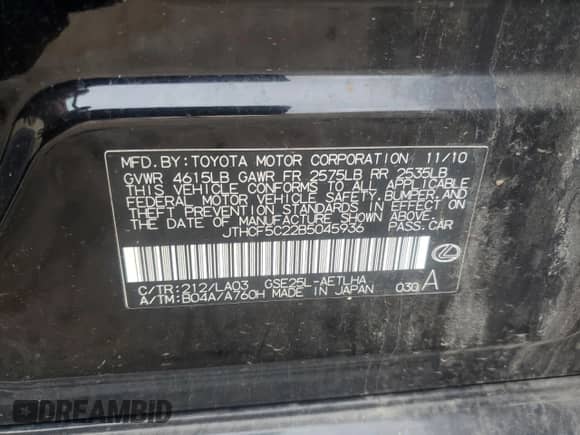 2011 Lexus IS 250 with VIN JTHCF5C22B5045936, listed as a Copart auction lot 80190455 with 120,713 mi miles and Salvage title. Bid and sale history available at DreamBid. Image 12.