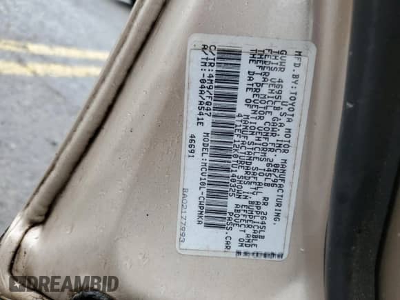 1996 Toyota Camry LE with VIN 4T1EF12K0TU140325, listed as a Copart auction lot 56695655 with 190,447 mi miles and Salvage title. Bid and sale history available at DreamBid. Image 12.