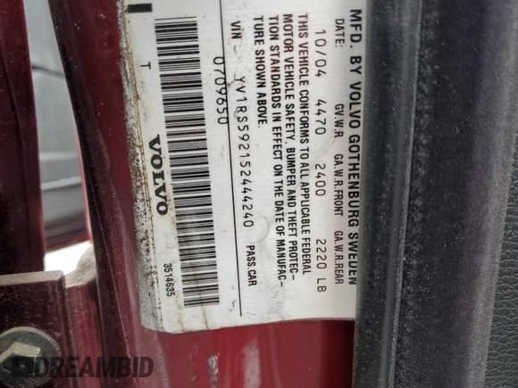 2005 Volvo S60 с VIN YV1RS592152444240, выставлен на аукционе Copart как лот 66783105 с пробегом 73 309 миль миль и Чистый • Clean title. История ставок и продаж доступна на DreamBid. Изображение 12.