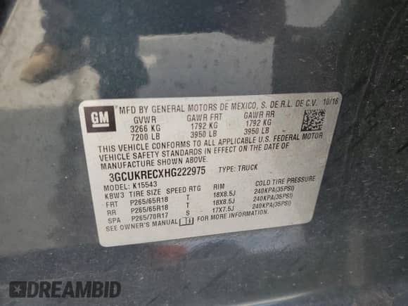 2017 Chevrolet Silverado 1500 LT with VIN 3GCUKRECXHG222975, listed as a Copart auction lot 79806504 with Not provided miles and Salvage title. Bid and sale history available at DreamBid. Image 12.