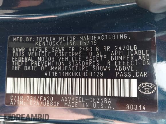 2019 Toyota Camry LE с VIN 4T1B11HK0KU808129, выставлен на аукционе IAAI как лот 43037543 с пробегом 143 999 миль миль и . История ставок и продаж доступна на DreamBid. Изображение 9.