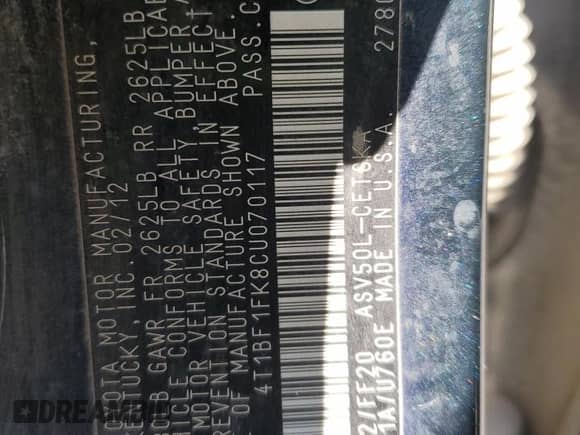 2012 Toyota Camry SE with VIN 4T1BF1FK8CU070117, listed as a Copart auction lot 90815215 with 206,793 mi miles and Clean title. Bid and sale history available at DreamBid. Image 12.