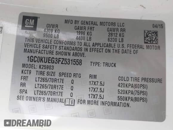 2015 Chevrolet Silverado 2500HD Work Truck with VIN 1GC0KUEG3FZ531558, listed as a IAAI auction lot 43226136 with 241,382 mi miles and . Bid and sale history available at DreamBid. Image 9.