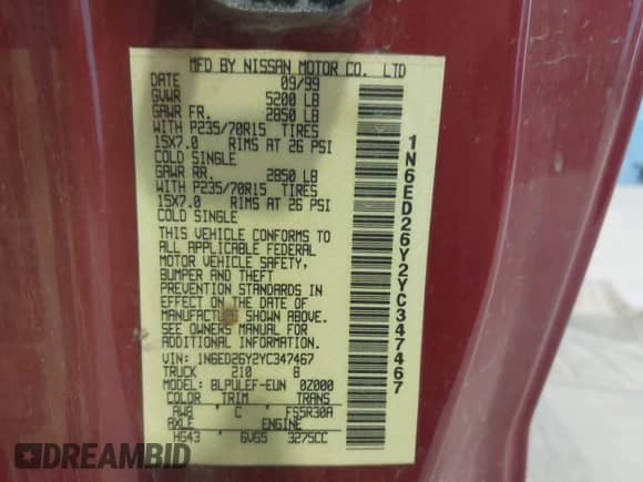 2000 Nissan Frontier XE с VIN 1N6ED26Y2YC347467, выставлен на аукционе IAAI как лот 42690416 с пробегом 185 369 миль миль и . История ставок и продаж доступна на DreamBid. Изображение 9.