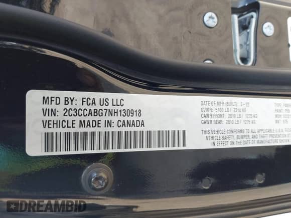 2022 Chrysler 300 S with VIN 2C3CCABG7NH130918, listed as a IAAI auction lot 43136838 with 66,506 mi miles and . Bid and sale history available at DreamBid. Image 9.