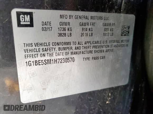 2017 Chevrolet Cruze LT with VIN 1G1BE5SM1H7230570, listed as a Copart auction lot 81734415 with 88,361 mi miles and Salvage title. Bid and sale history available at DreamBid. Image 12.