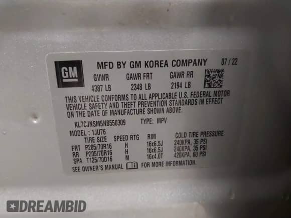 2022 Chevrolet Trax LS z VIN KL7CJNSM5NB550309, wystawiony jako IAAI lot #41208893 z przebiegiem 60 580 mil mil oraz . Historia ofert i sprzedaży dostępna na DreamBid. Obrazek 9.