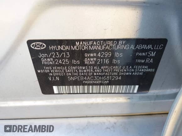 2013 Hyundai Sonata GLS z VIN 5NPEB4AC3DH681294, wystawiony jako IAAI lot #43496334 z przebiegiem 103 263 mil mil oraz . Historia ofert i sprzedaży dostępna na DreamBid. Obrazek 9.