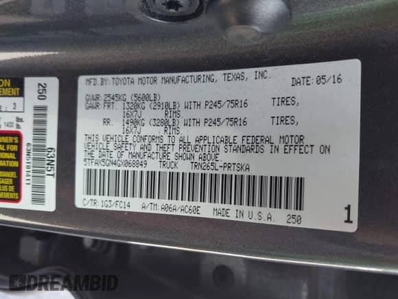 2016 Toyota Tacoma SR5 с VIN 5TFAX5GN4GX068849, выставлен на аукционе IAAI как лот 41579697 с пробегом 172 656 миль миль и . История ставок и продаж доступна на DreamBid. Изображение 9.