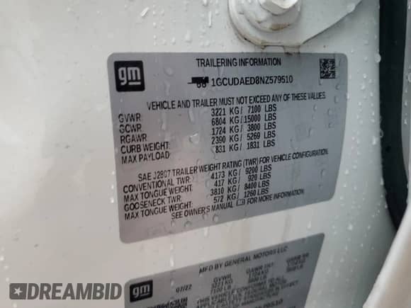 2022 Chevrolet Silverado 1500 Work Truck z VIN 1GCUDAED8NZ579510, wystawiony jako Copart lot #84368554 z przebiegiem 43 863 mil mil oraz Szkoda całkowita • Salvage title. Historia ofert i sprzedaży dostępna na DreamBid. Obrazek 13.