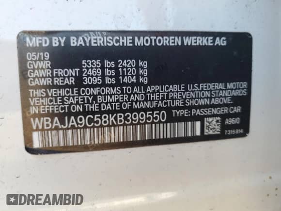 2019 BMW 5 Series 530e с VIN WBAJA9C58KB399550, выставлен на аукционе Copart как лот 82659865 с пробегом 91 910 миль миль и Чистый • Clean title. История ставок и продаж доступна на DreamBid. Изображение 12.