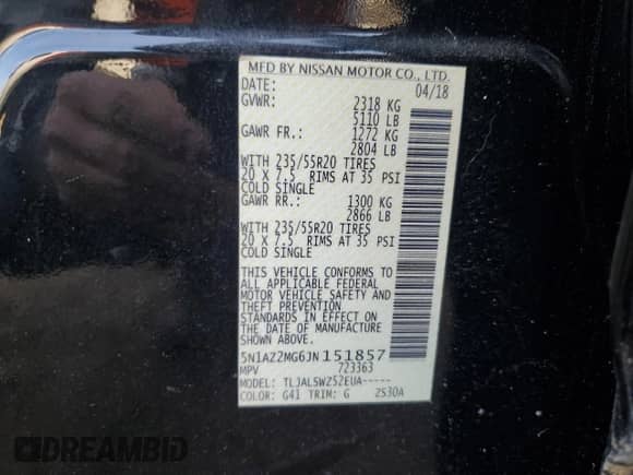 2018 Nissan Murano SV z VIN 5N1AZ2MG6JN151857, wystawiony jako Copart lot #81412865 z przebiegiem 51 484 mil mil oraz Szkoda całkowita • Salvage title. Historia ofert i sprzedaży dostępna na DreamBid. Obrazek 13.