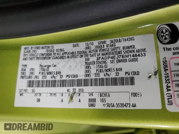 2011 Ford Fiesta SE с VIN 3FADP4EJ7BM148433, выставлен на аукционе Copart как лот 57090255 с пробегом 170 692 миль миль и Списание • Salvage title. История ставок и продаж доступна на DreamBid. Изображение 12.