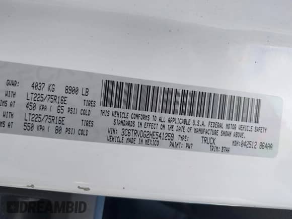 2017 Ram ProMaster Cargo with VIN 3C6TRVDG2HE541259, listed as a IAAI auction lot 43299201 with 86,795 mi miles and . Bid and sale history available at DreamBid. Image 9.