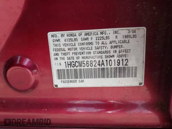 2004 Honda Accord EX with VIN 1HGCM56824A101912, listed as a IAAI auction lot 42379123 with 277,506 mi miles and . Bid and sale history available at DreamBid. Image 9.
