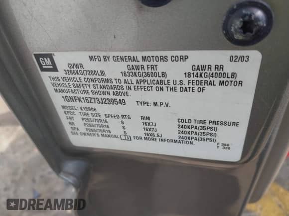 2003 Chevrolet Suburban Z71 with VIN 3GNFK16T93G146920, listed as a IAAI auction lot 42153972 with 195,615 mi miles and . Bid and sale history available at DreamBid. Image 9.