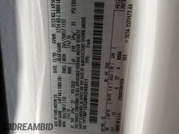 2021 Ford F-150 XL с VIN 1FTMF1E52MKD08811, выставлен на аукционе Copart как лот 45275554 с пробегом 158 654 миль миль и Списание • Salvage title. История ставок и продаж доступна на DreamBid. Изображение 13.